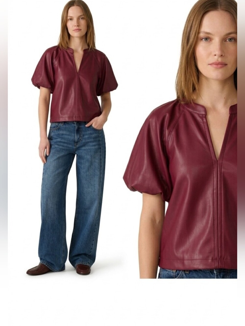 Steve Madden Burgundy Faux Leather Short Sleeve V-Neck Blouse